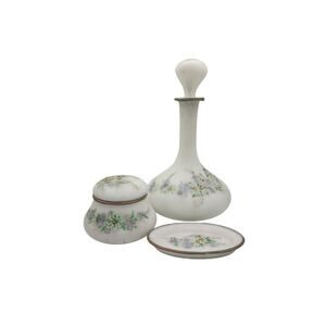 EAPG Opaline Apothecary Dresser Vanity Set - Satin Milk Glass Trinket box & Tray